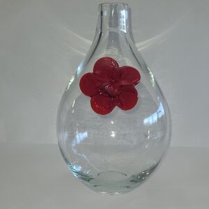 Bulb Shaped Vase With Applied Glass Red Flower